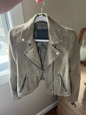 All Saints Suede Biker Jacket in Taupe
